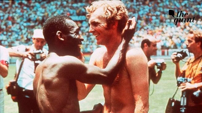 England captain Bobby Moore with Pele of Brazil in the 1970 World Cup in Mexico.