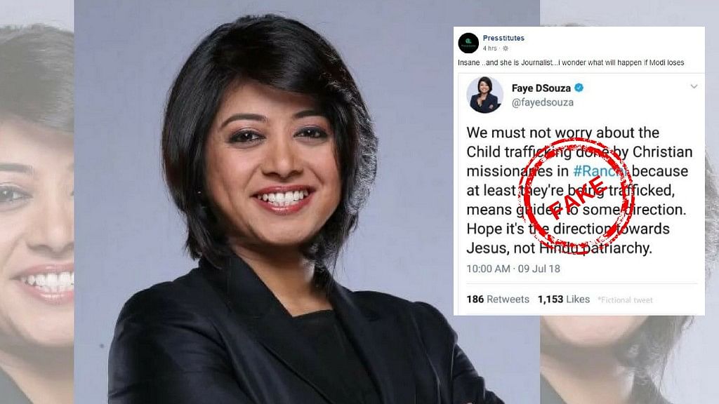 A troll page on Facebook named ‘ThePresstitute’ posted a photoshopped tweet of Mirror Now Editor Faye D’Souza on the recent alleged child trafficking case in Ranchi.