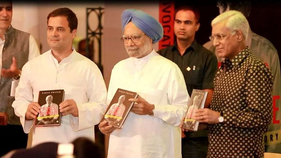 (L-R) Congress President Rahul Gandhi, former Prime Minister Manmohan Singh and senior journalist Karan Thapar at the book launch.