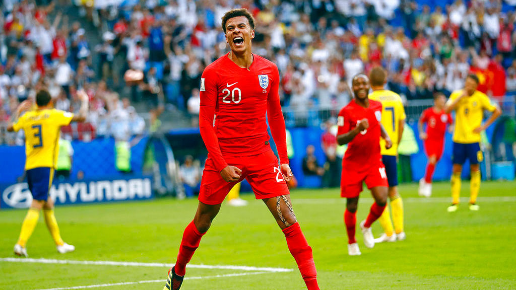 England’s Dele Alli celebrates after scoring his side’s second goal against Sweden.