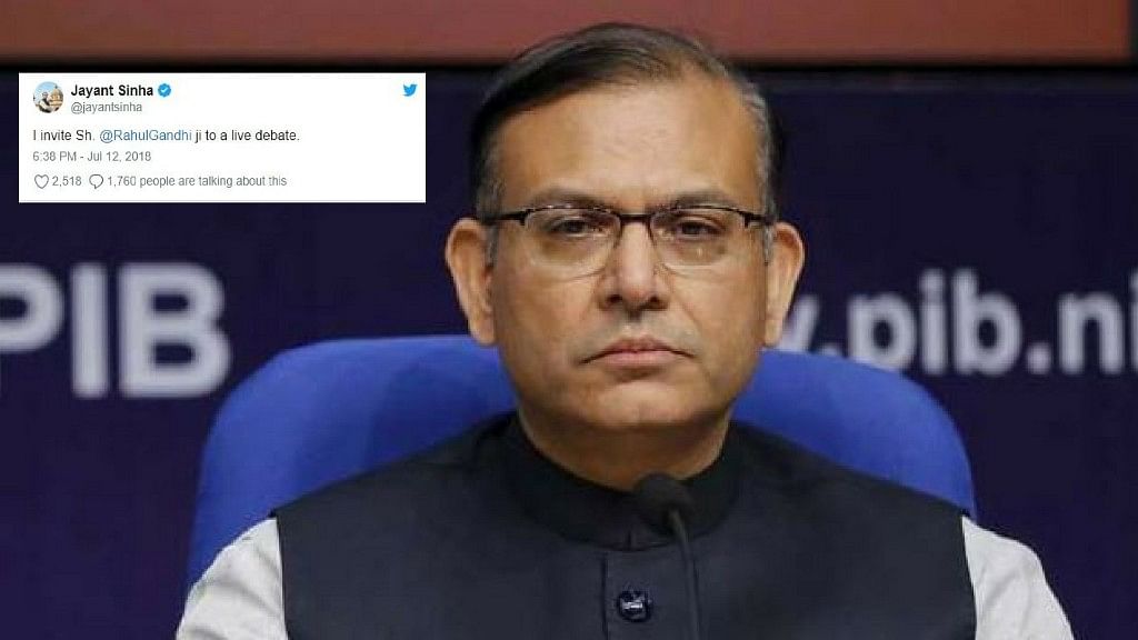 Union Minister Jayant Sinha threw a challenge to Gandhi in a tweet on Thursday, 12 July.