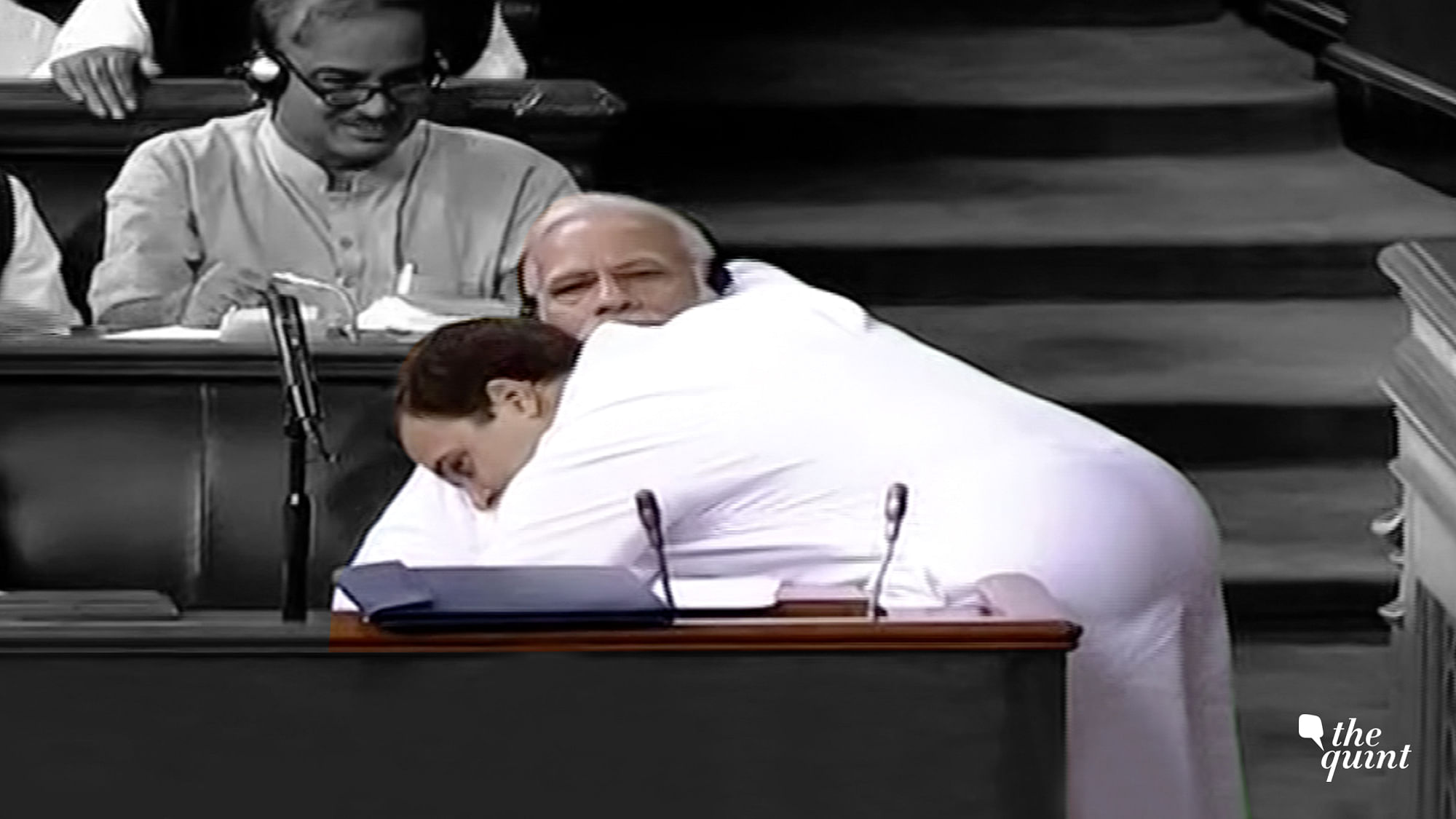 Rahul Gandhi hugs PM Narendra Modi after his speech in the parliament.