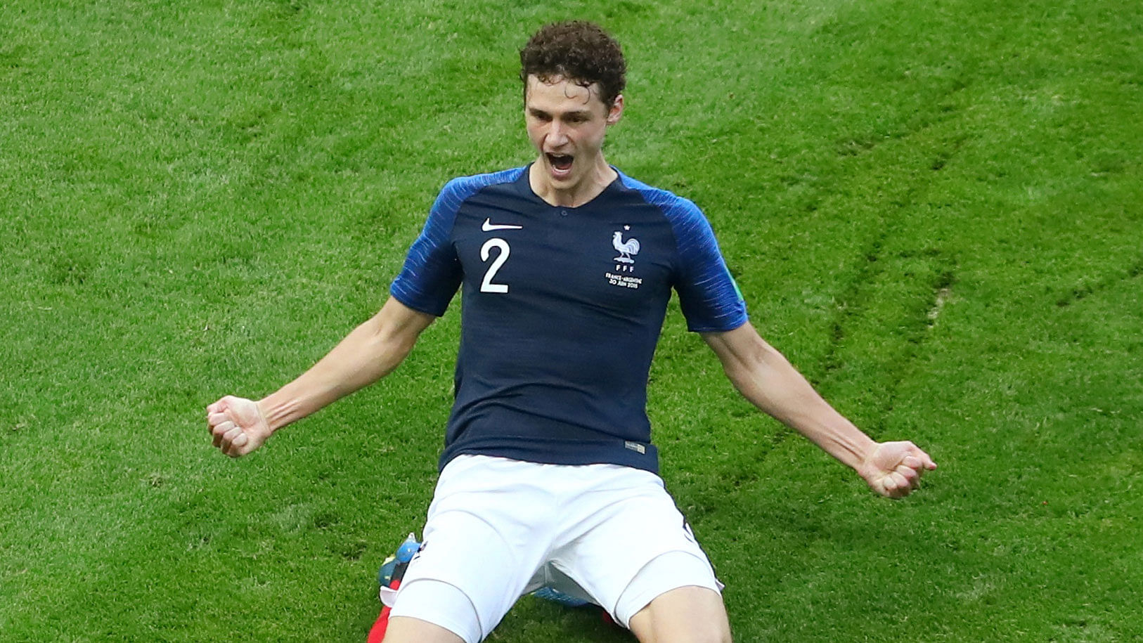 Benjamin Pavard celebrates scoring France’s second goal against Argentina.