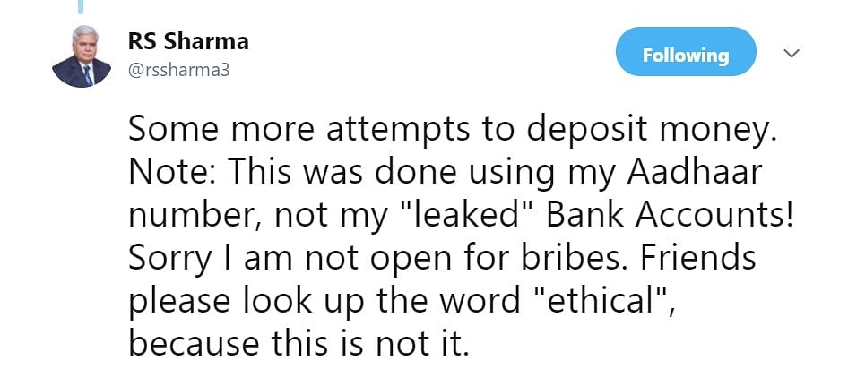 RS Sharma tweeted on Monday night again about the Re1 deposit but made three basic errors in his claims.