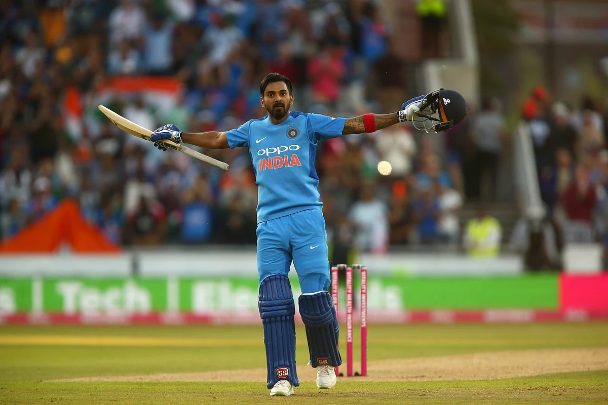 KL Rahul celebrates his century against England.