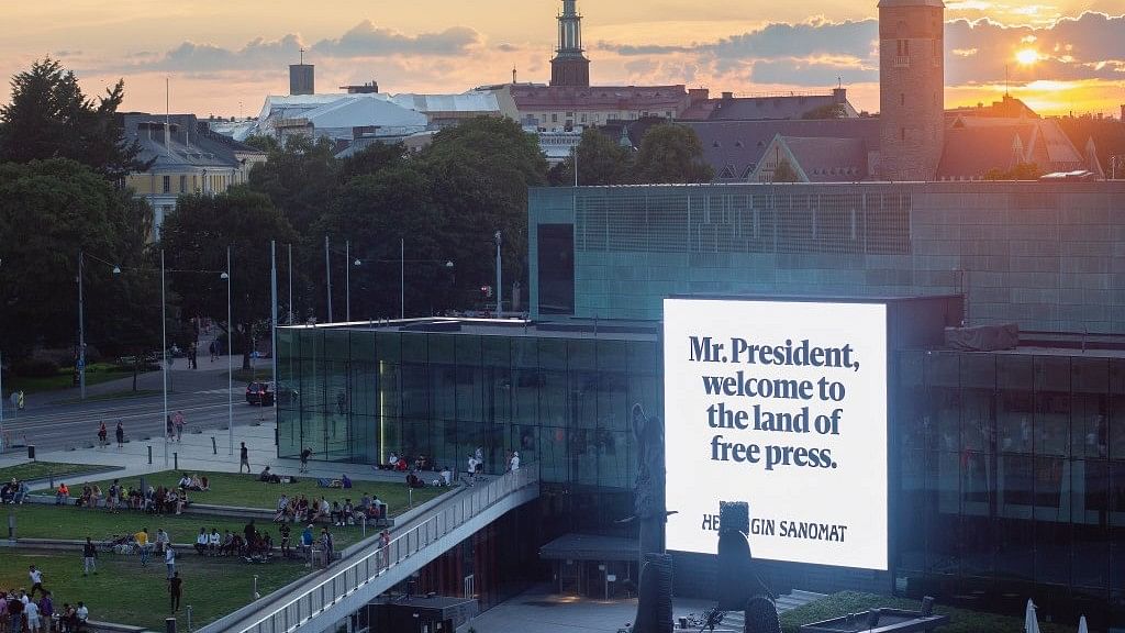 A billboard in Helsinki, Finland welcoming US President Donald Trump and Russian US President Vladimir Putin for the Helsinki Summit.