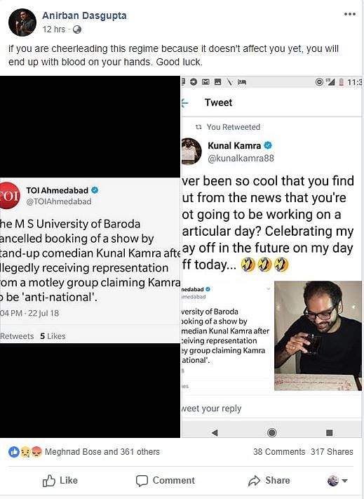MS University cancelled Kamra’s stand-up comedy show after its alumni allegedly called him “anti-national”.