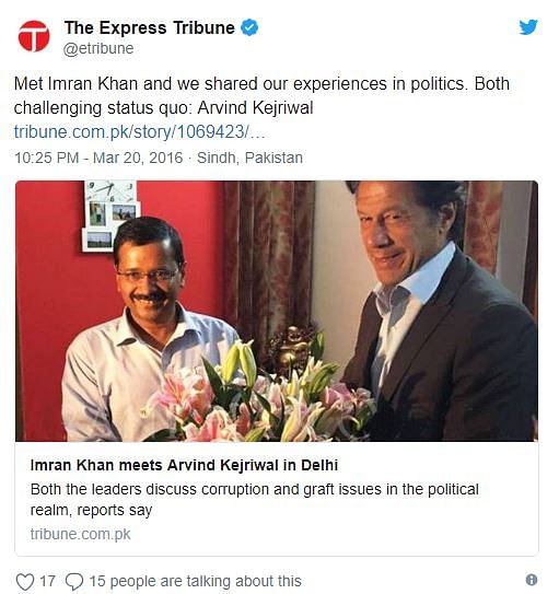 The photo was clicked in March 2016, when Imran Khan met Arvind Kejriwal at his Delhi residence and not in 2018.
