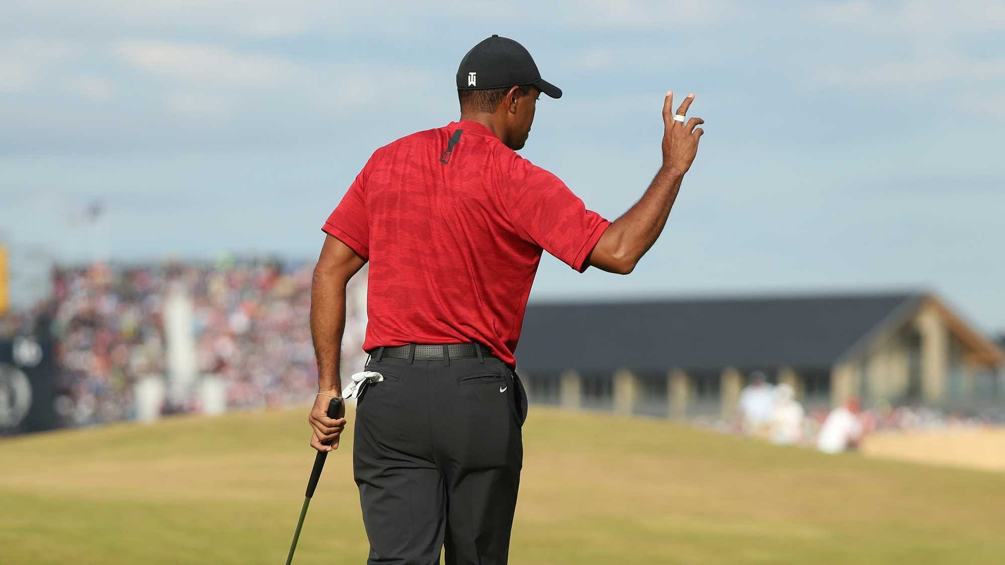 Tiger Woods of the US plays a shot to the 18th green during the final round for the 147th British Open Golf championships in Carnoustie, Scotland, Sunday, July 22, 2018.&nbsp;