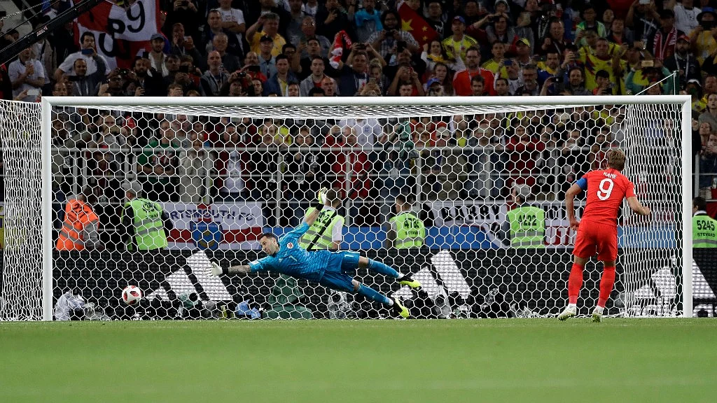 England’s Harry Kane scores the first penalty during the shootout against Colombia in their Round of 16 match at the Spartak Stadium on Tuesday.