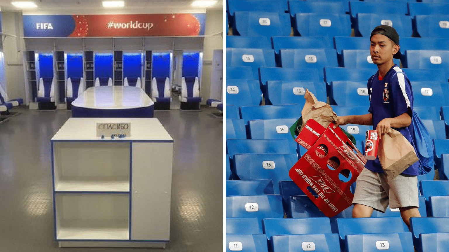 The Japanese dressing room after their match against Belgium (left) and a Japanese fan cleaning the stand.&nbsp;