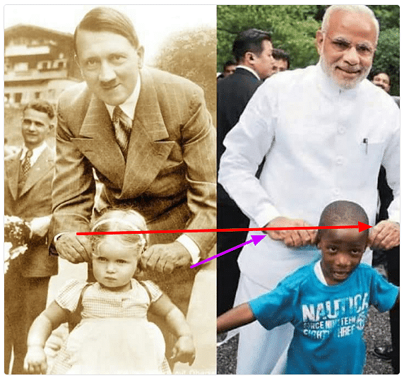 PM Modi’s left hand has even been photoshopped as Hitler’s right and his right hand as Hitler’s left.