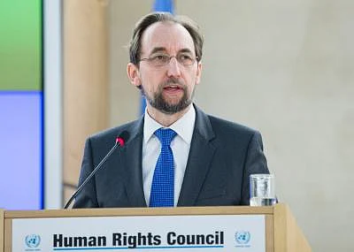 GENEVA, Feb. 27, 2017 (Xinhua) -- UN High Commissioner for Human Rights Zeid al Hussein delivers a speech at the opening of the 34th Human Rights Council (HRC) session in Geneva, Switzerland, Feb. 27, 2017. (Xinhua/Xu Jinquan)(zf/IANS)
