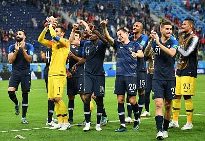 SAINT PETERSBURG, July 10, 2018 (Xinhua) -- Players of France celebrate victory after the 2018 FIFA World Cup semi-final match between France and Belgium in Saint Petersburg, Russia, July 10, 2018. France won 1-0 and advanced to the final. (Xinhua/Li Ga/IANS)