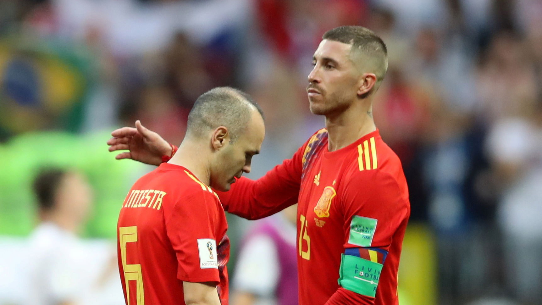 Spain’s Andres Iniesta and Sergio Ramos look dejected after losing the penalty shootout   against Russia to be knocked out of the FIFA World Cup 2018.