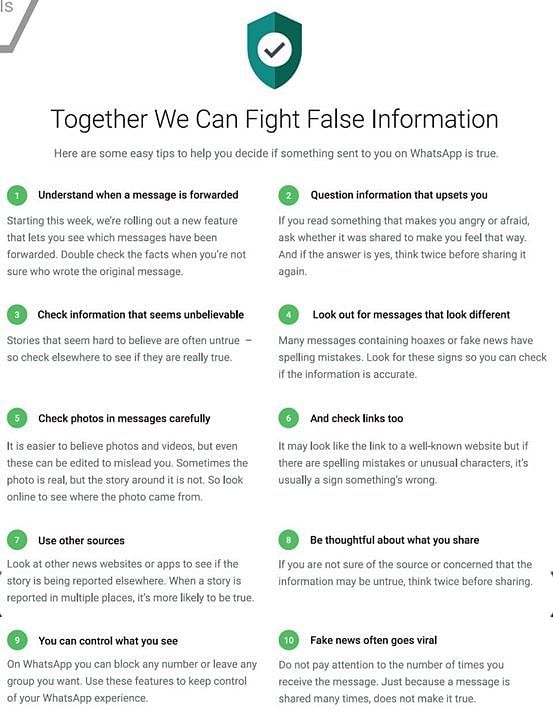 WhatsApp took out full-page ads in newspapers with “easy tips” to spot fake news as a part of its awareness drive.
