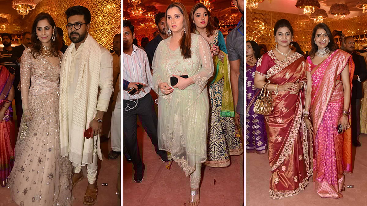 (L to R) Ram Charan and his wife Upasana, Sania Mirza, Pinky Reddy  poses with Sangita Reddy during Shriya Bhupal and Anindith Reddy’s wedding ceremony.