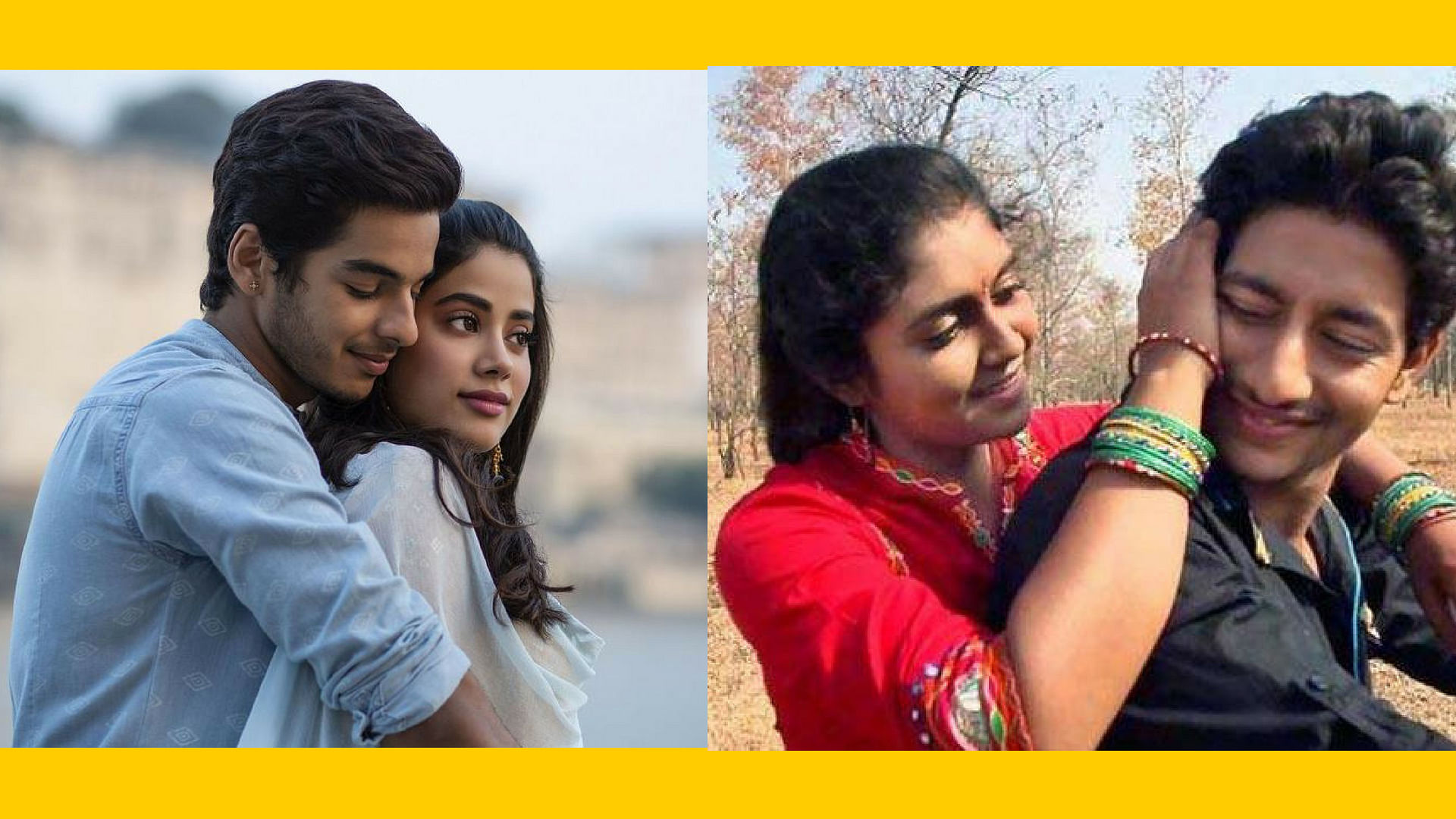 The two lead pairs of <i>Dhadak</i> and <i>Sairat</i>, respectively in stills from the posters.