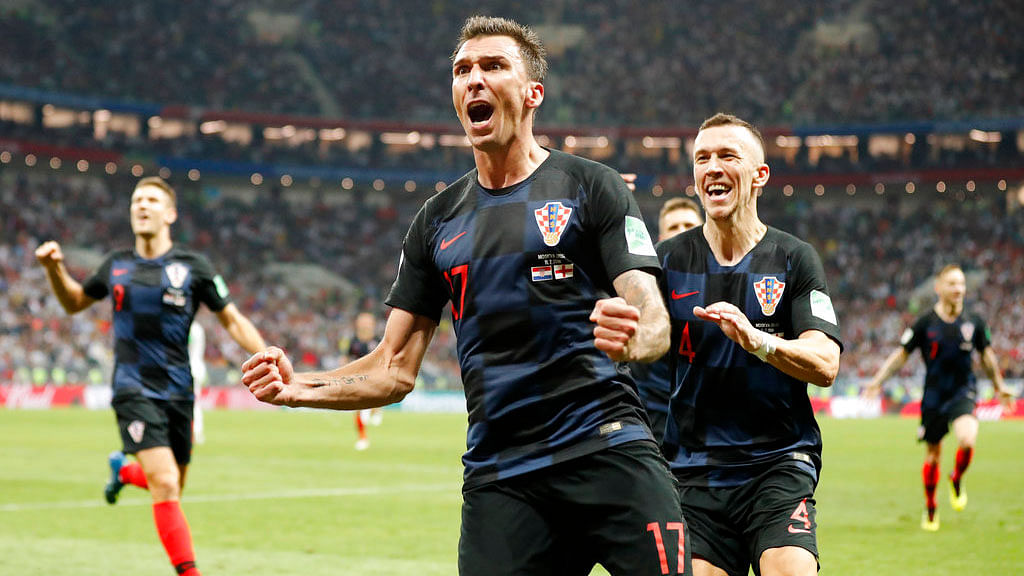 Croatia’s Mario Mandzukic celebrates after scoring his side’s second goal against England.&nbsp;