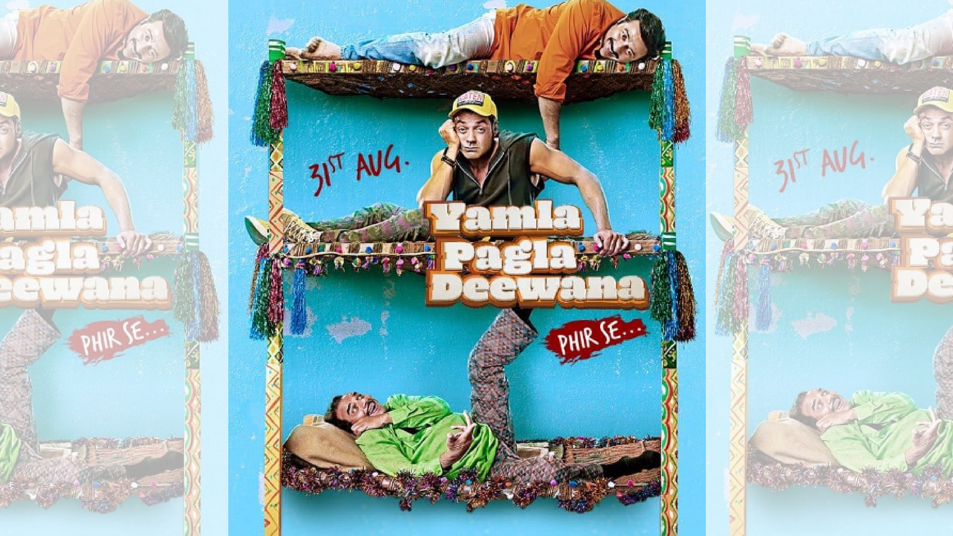 Dharmendra, Sunny and Bobby Deol in a poster of <i>Yamla Pagla Deewana Phir Se</i>.