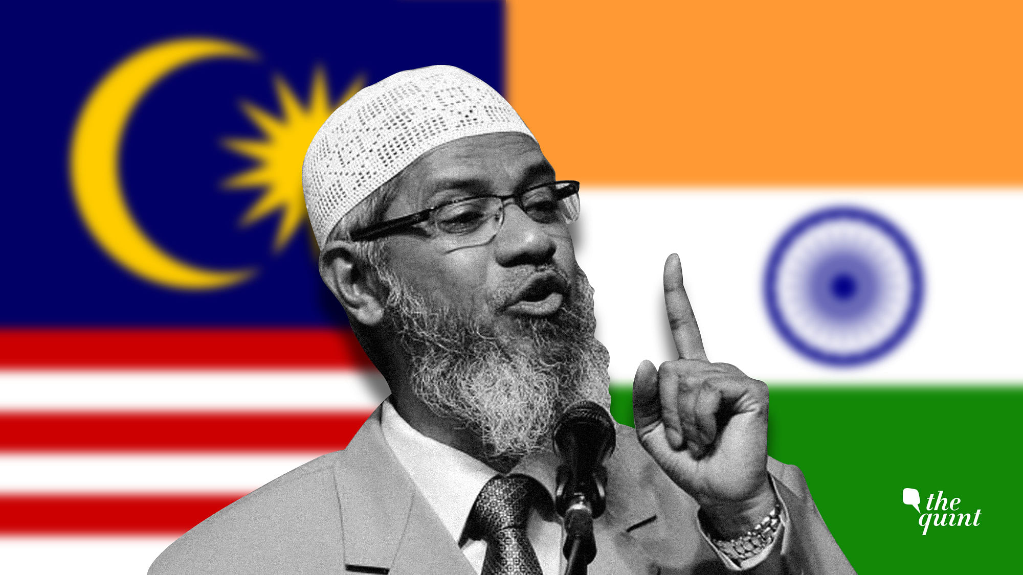 Image of Islamic preacher Zakir Naik used for representational purposes, against background of Indian and Malaysian flags.