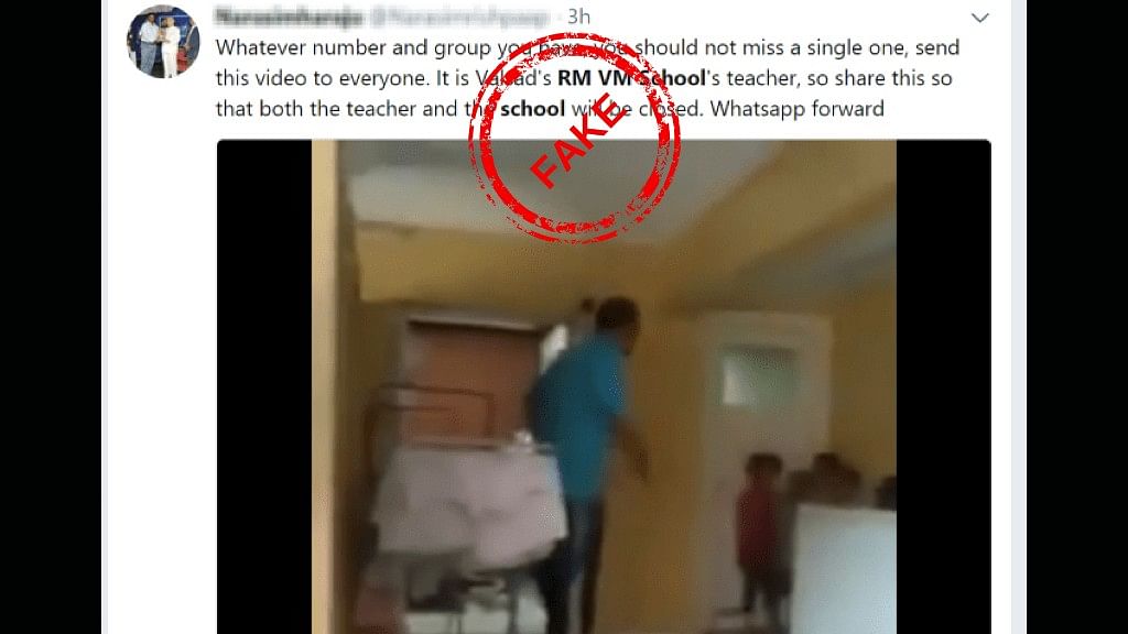 A viral video claims that the man who is brutally thrashing the children in the video is a teacher at RM VM School at Valsad in Gujarat.