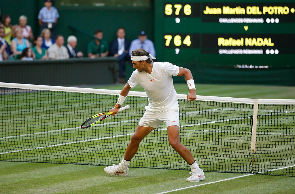 Spaniard Rafael Nadal exults after winning a point in his quarter-final match against Juan Martin del Potro.