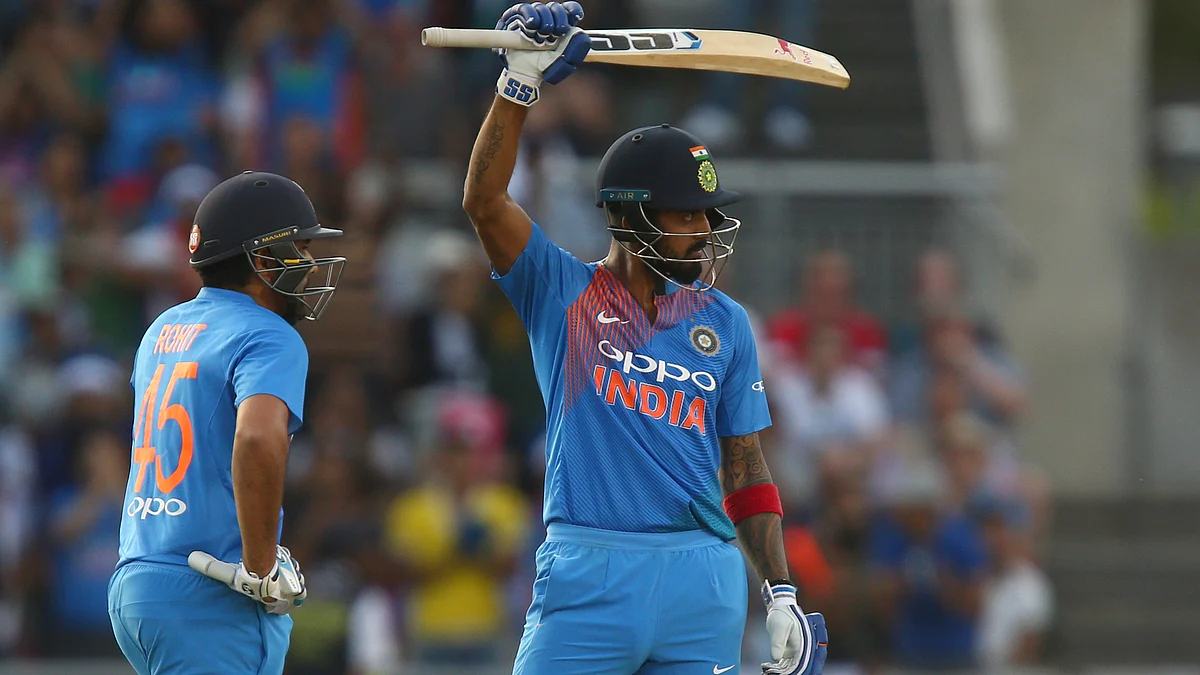 KL Rahul celebrates his half century against England at Old Trafford.