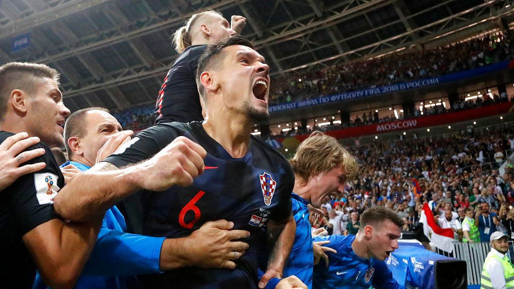 Croatia’s Dejan Lovren celebrates after Mario Mandzukic scored his side’s second goal against England.