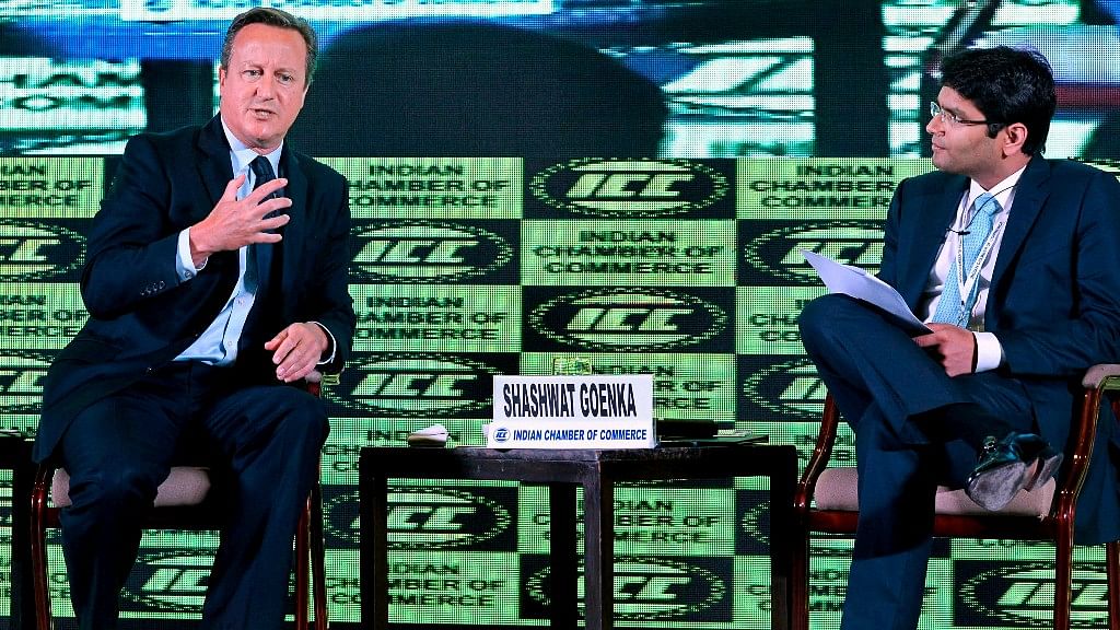 Former British Prime Minister David Cameron speaks with ICC President Shashwat Goenka during ICC Annual session and 90th Annual General meeting, in Kolkata on Thursday, 19 July.