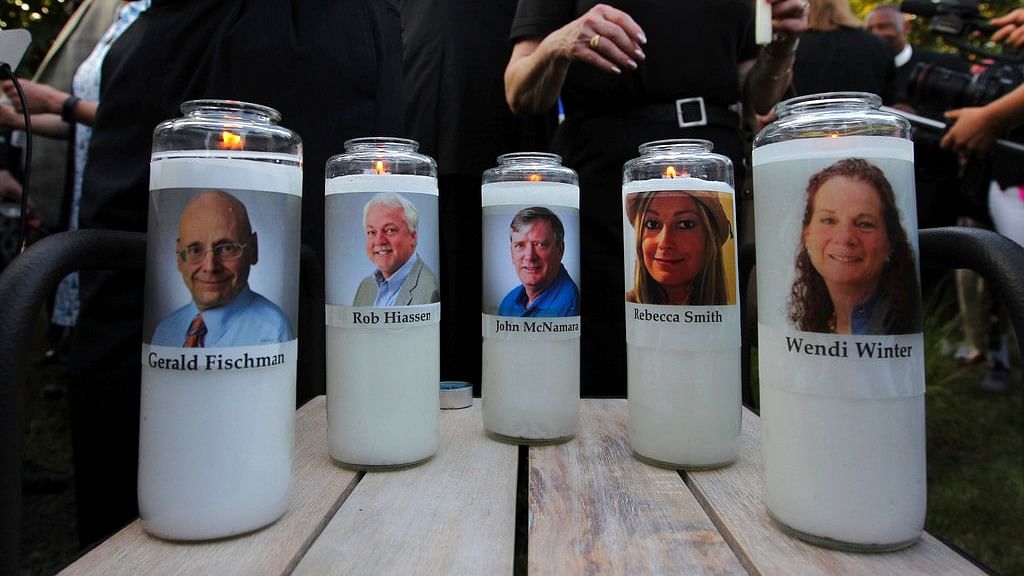 Photo from a vigil of five journalists who were slain in their newsroom in Annapolis, Md., on 29 June, 2018.