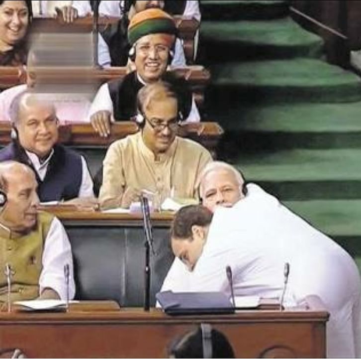 Who was the smiling neta behind Modi during the no-trust vote? 