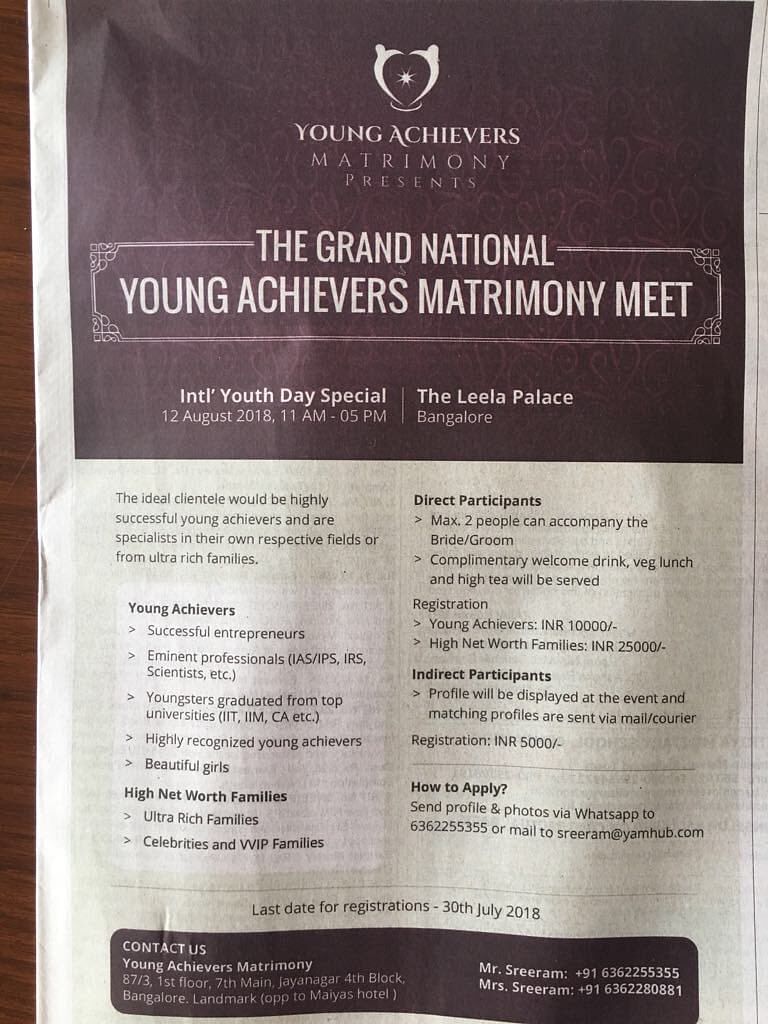 There is apparently a young achievers matrimony meet happening that is promising you a luxury spouse