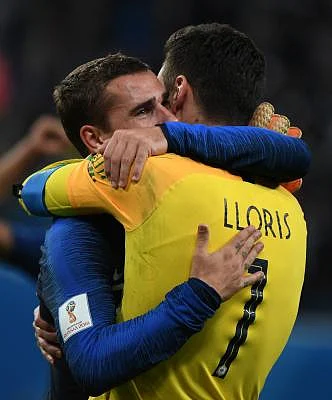 SAINT PETERSBURG, July 10, 2018 (Xinhua) -- Antoine Griezmann (L) of France celebrates victory with goalkeeper Hugo Lloris after the 2018 FIFA World Cup semi-final match between France and Belgium in Saint Petersburg, Russia, July 10, 2018. France won 1-0 and advanced to the final. (Xinhua/Li Ga/IANS)