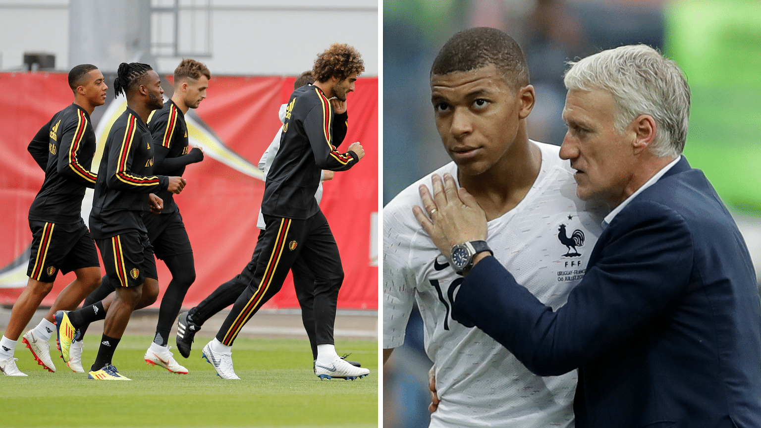 Belgium team training ahead of the first semi-final (left) and file picture of France’s Mbappe and coach Didier Deschamps.