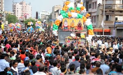 The traditional 141st Rath Yatra of Lord Jagannath will be taken out in Ahmedabad in all festive colour and religious fervor on Saturday amid massive security cover with the first time use of Israeli helium balloons fitted with high resolution cameras. (Photo: IANS)