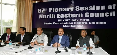 Shillong: Union Home Minister Rajnath Singh chairs the 67th Plenary Session of the North Eastern Council (NEC) along with Union MoS North Eastern Region Jitendra Singh, Meghalaya Governor Ganga Prasad and Chief Minister Conrad Sangma, in Shillong on July 10, 2018.(Photo: IANS/PIB)