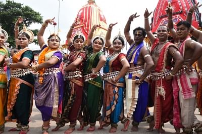 Puri: Artistes perform during Jagannath Rath Yatra, in Odisha