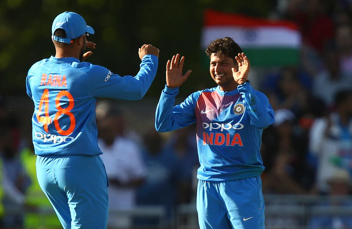 Kuldeep Yadav celebrates a wicket during the first T20 against England.
