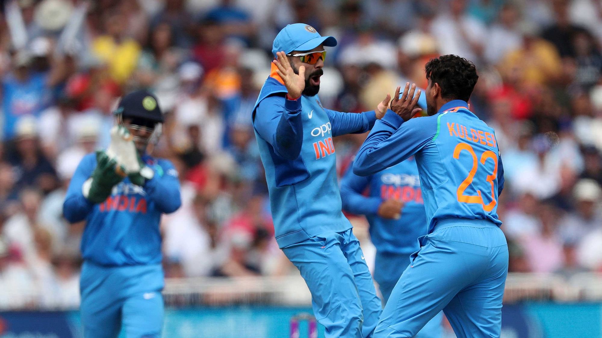 India’s Kuldeep Yadav celebrates taking the wicket of England’s Jason Roy during the One Day International Series match at Trent Bridge, Nottingham. PRESS ASSOCIATION Photo.&nbsp;