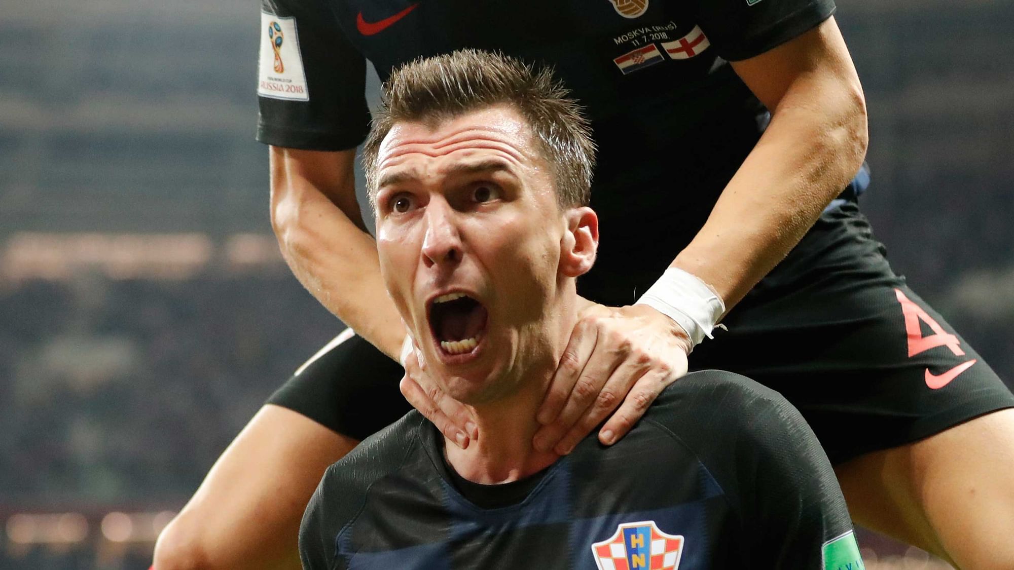 Croatia’s Mario Mandzukic celebrates after scoring his side’s second goal during the semifinal match between Croatia and England at the 2018 soccer World Cup in the Luzhniki Stadium in Moscow, Russia, Wednesday, July 11, 2018.&nbsp;