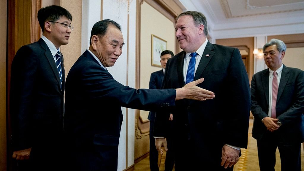 US Secretary of State Mike Pompeo, second from right, greets Kim Yong Chol, second from left, North Korean senior ruling party official and former intelligence chief.