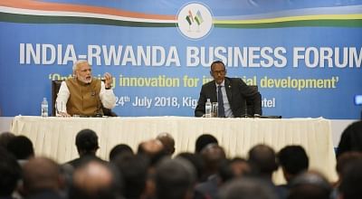 Kigali: Prime Minister Narendra Modi along with Rwanda President Paul Kagame, addresses at the India-Rwanda Business Forum, in Rwanda