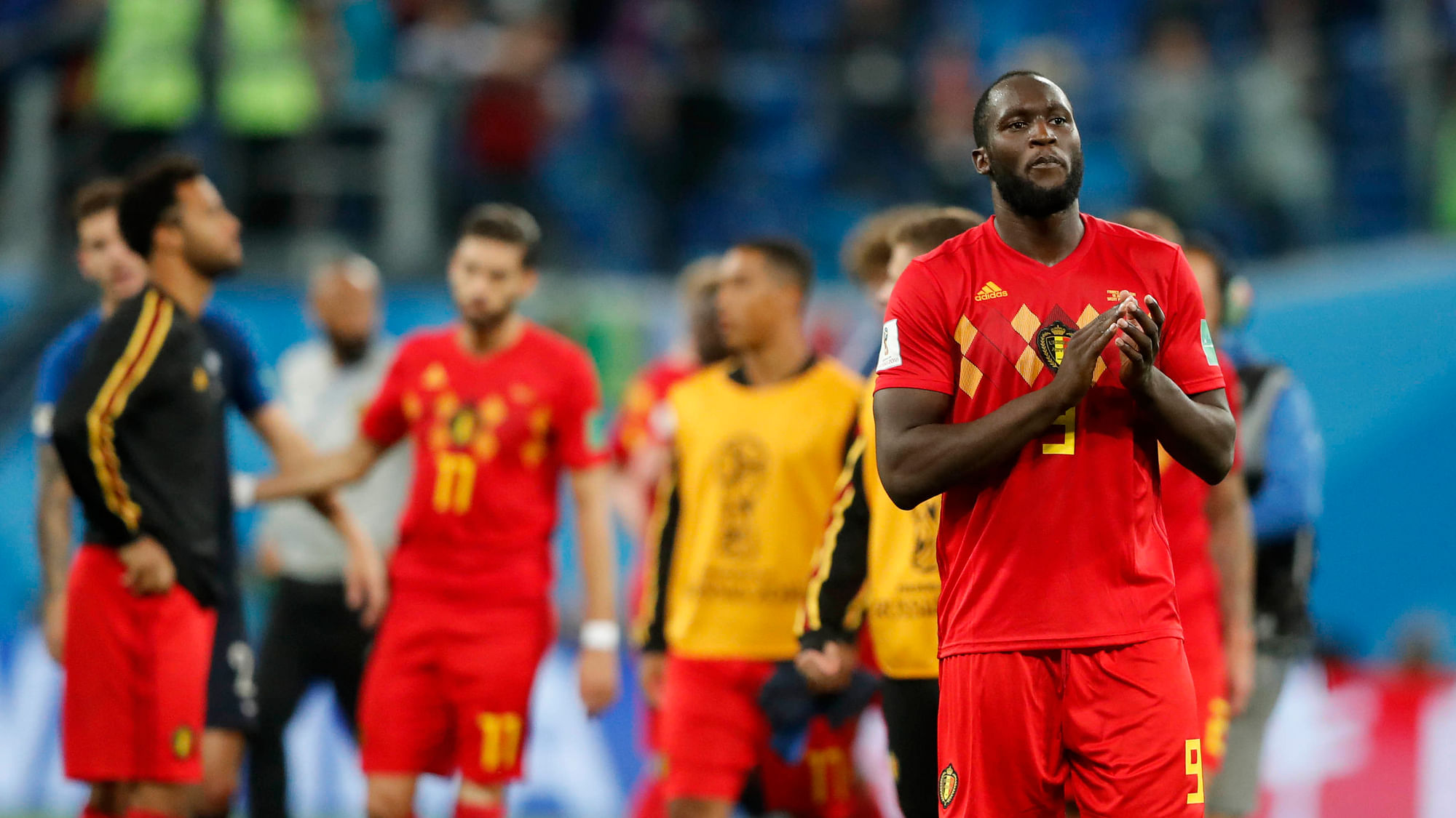 Belgium’s Romelu Lukaku applauds to supporters after the semifinal match between France and Belgium at the 2018 soccer World Cup in the St. Petersburg Stadium in, St. Petersburg, Russia, Tuesday, July 10, 2018. (AP Photo/Frank Augstein)