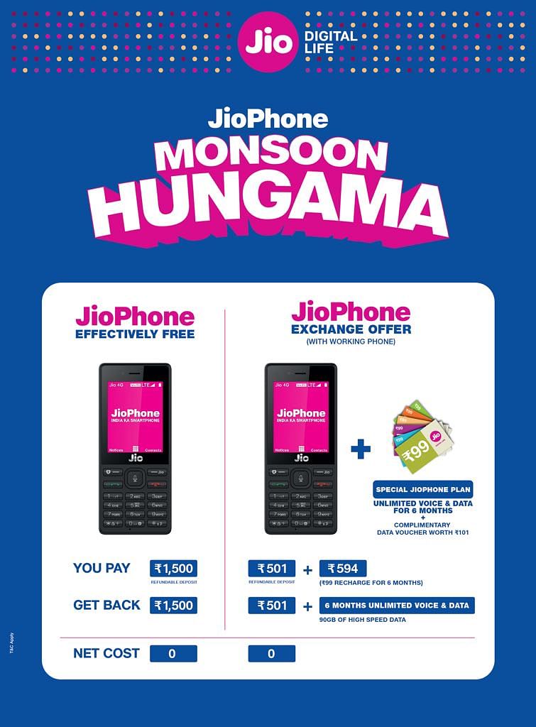 The Jio Monsoon Hungama offer asks customers to exchange old feature phones for a new JioPhone at just Rs 501.