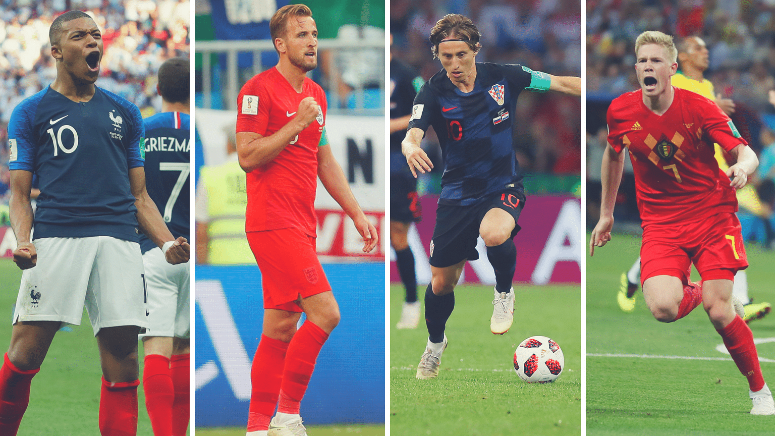(From left)France’s Mbappe, England’s Harry Kane, Croatia’s Luka Modric and Belgium’s Kevin De Bruyne.