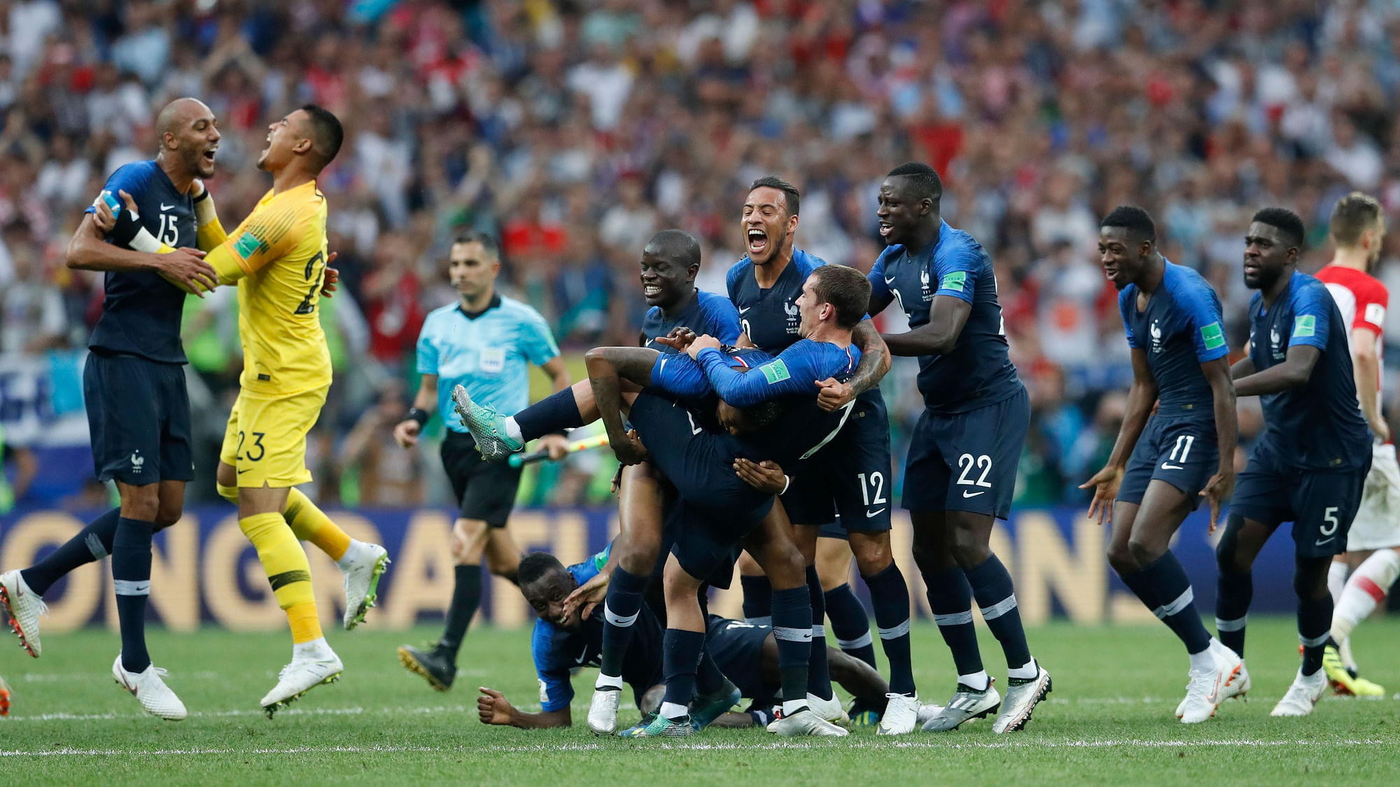 French players celebrate at the end of the final match between France and Croatia at the 2018 soccer World Cup in the Luzhniki Stadium in Moscow, Russia, Sunday, July 15, 2018. France won 4-2.&nbsp;