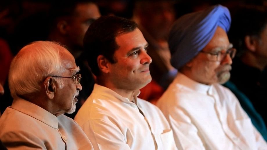 Former VP of India, Hamid Ansari (L), Congress President Rahul Gandhi (Centre), Former PM Dr Manmohan Singh (R)