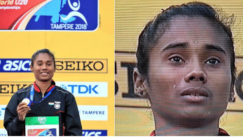 Hima Das wept on the top of the podium with her gold medal around her neck, singing the national anthem.