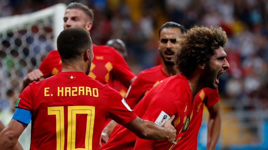 Belgium’s Marouane Fellaini (right) celebrates with teammates after scoring his side’s second goal during their Round of 16 match against Japan at the Rostov Arena on Monday.
